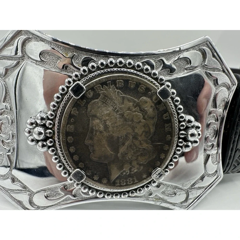 1881 Morgan Silver Dollar Coin Western Leather Belt Size 40 Cowboy Buckle